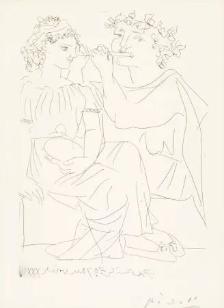 Gravura Picasso - Flûtiste et Jeune Fille au Tambourin (Flutist and Tambourine girl) from the Vollard Suite, 1934