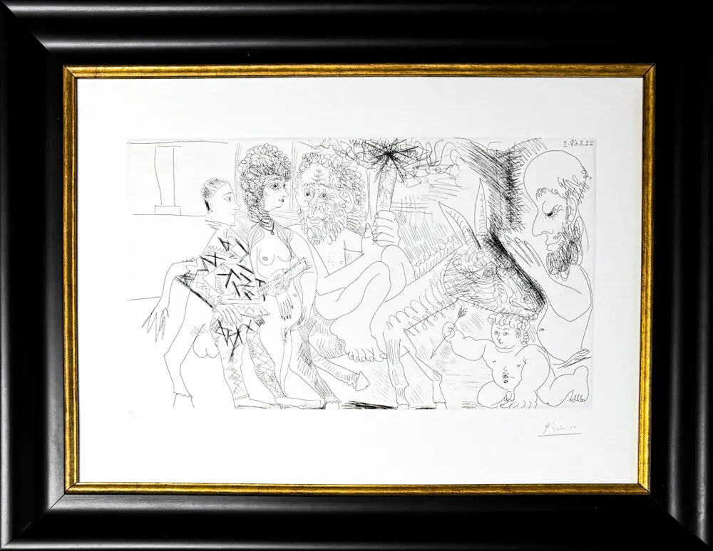 Água-Forte Picasso - Groupe avec vieillard à la torche sur un âne amoureux, femme et arlequin