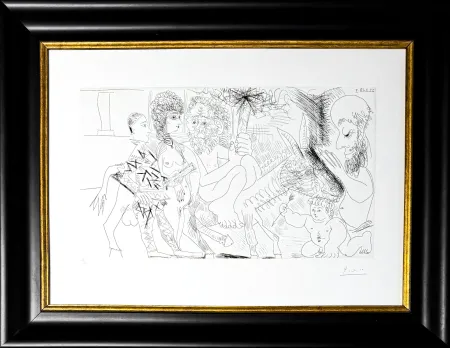 Água-Forte Picasso - Groupe avec vieillard à la torche sur un âne amoureux, femme et arlequin
