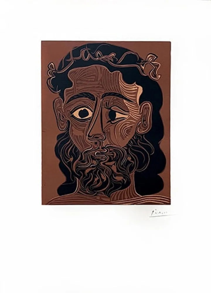 Linogravura Picasso - Homme barbu couronné de vignes