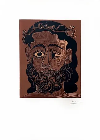Linogravura Picasso - Homme barbu couronné de vignes