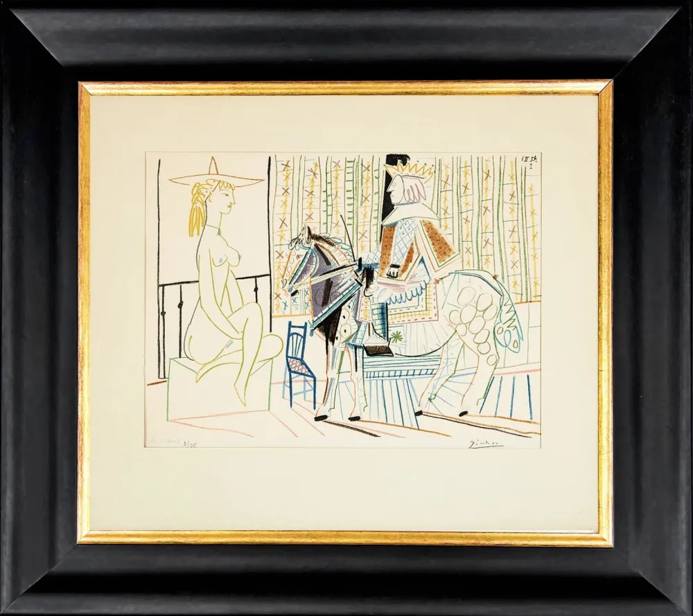 Litografia Picasso - La Comedie Humaine: King on Horse with Sitting Nude