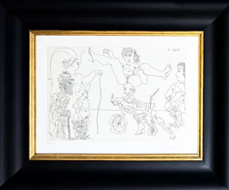 Gravura Picasso -  Le Cocu Magnifique: Femme equilib­riste enlevee par un vieillard barbu a bicyclette devant le cocu et des spectateurs