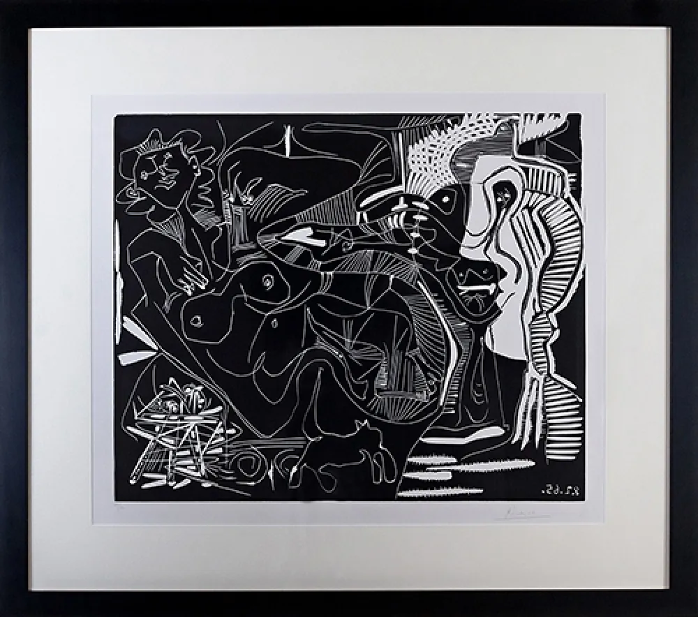 Linogravura Picasso - Le Thé: Deux Femmes Nues et une Chat (B. 1851)