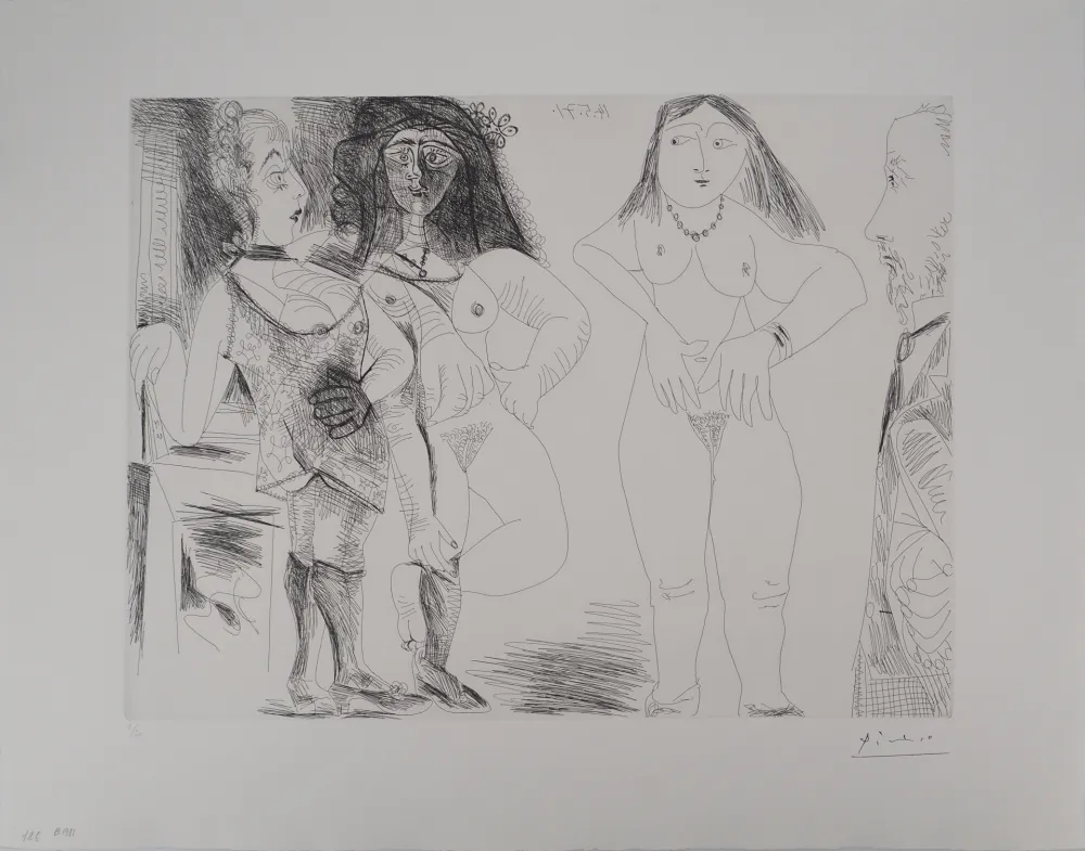 Gravura Picasso - Les 156, planche 126 : Degas chez les filles, la note