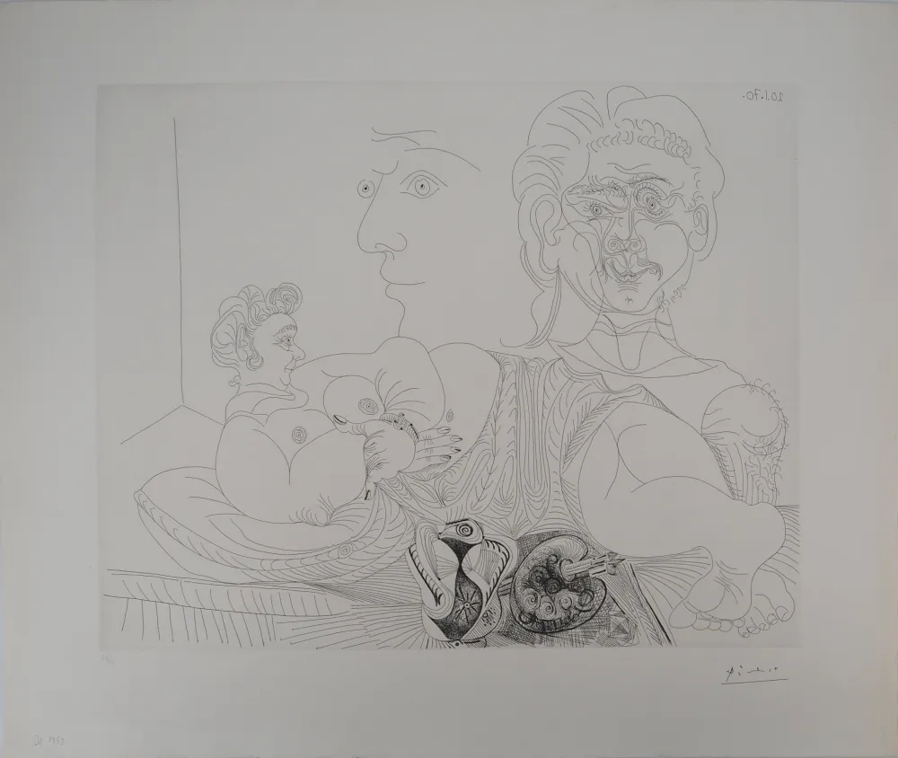 Gravura Picasso - Les 156, planche 4 : Vieux modèle pour jeune odalisque, le double regard du peintr