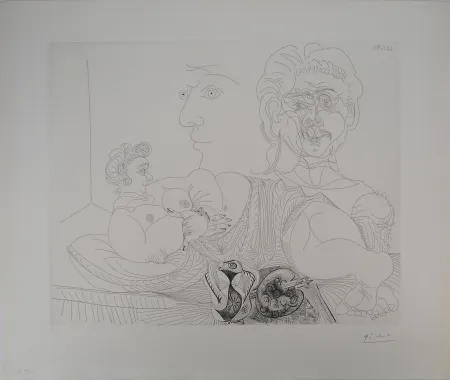 Gravura Picasso - Les 156, planche 4 : Vieux modèle pour jeune odalisque, le double regard du peintr