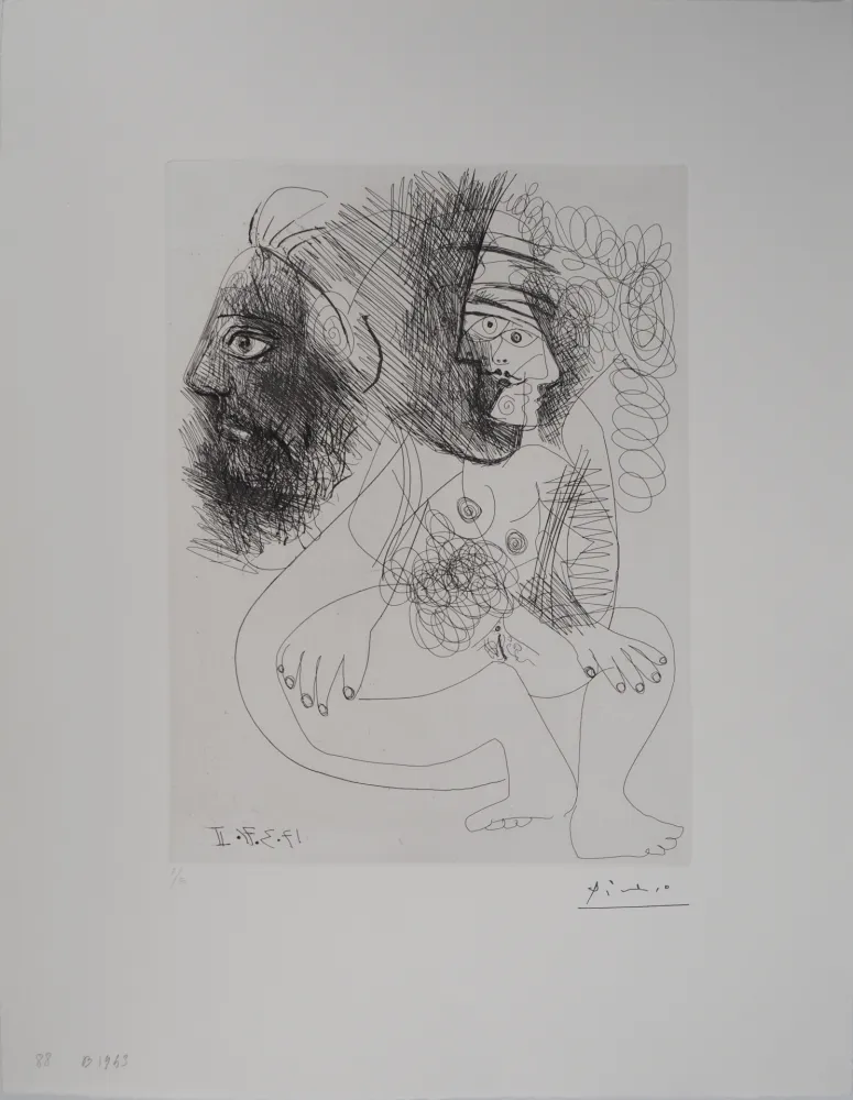 Gravura Picasso - Les 156, planche 88 : Portrait et nu cubiste