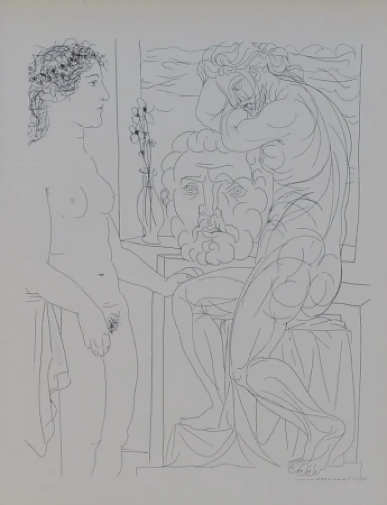 Litografia Picasso - Modèle nu et Sculptures