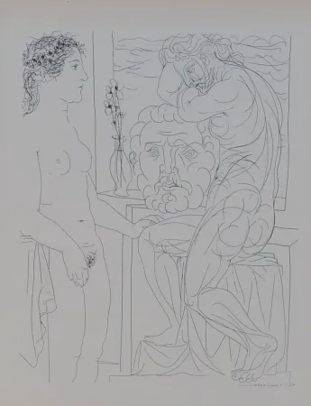 Litografia Picasso - Modèle nu et Sculptures