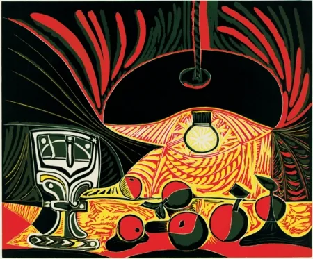 Linogravura Picasso - Nature morte au verre sous la lampe