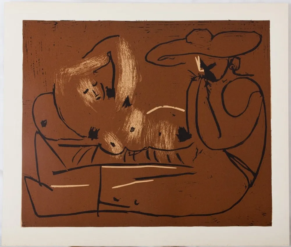 Linogravura Picasso - Nu couché et guitariste au chapeau