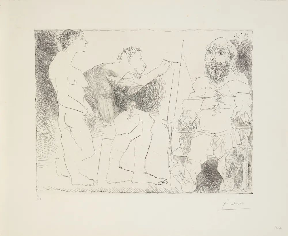 Gravura Picasso - Pablo Picasso (1881–1973)- Peintre au travail – Etching on BFK Rives paper- 1963