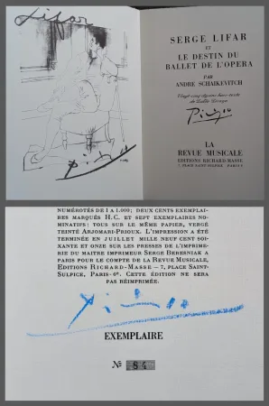 Livro Ilustrado Picasso - Pablo Picasso and Serge Lifar  - Le destin du ballet d'opera by Andre Schaikevitch -  Hand-Signed by Picasso, 1971