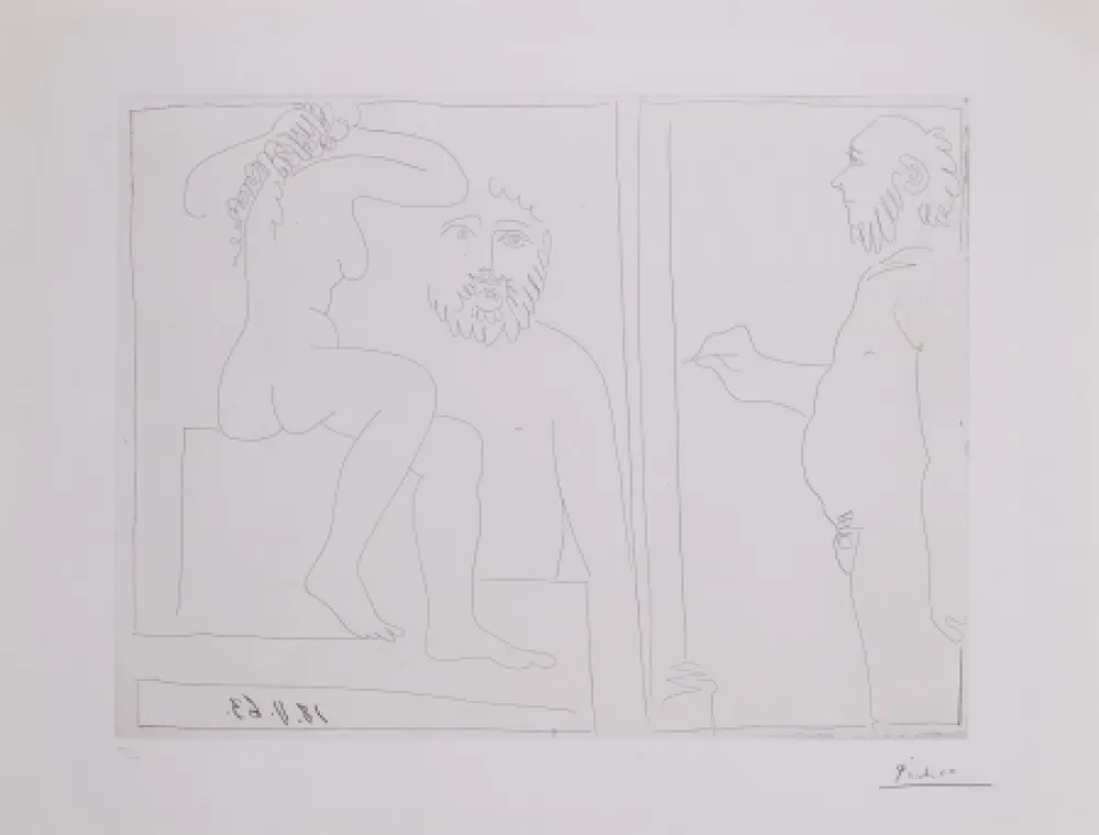 Gravura Picasso - Peintre et modele de dos, avec un spectateur