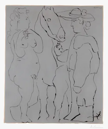 Linogravura Picasso - Picador Debout avec son Cheval et une Femme (Picador, Woman and Horse)