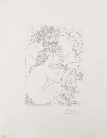 Gravura Picasso - Sculpteur Avec Son Modele, Sa Sculpture Et Un Bol D'Anemones (Sculptor with His Model, His Sculpture, and a Bowl of Anemones) from the Vollard Suite