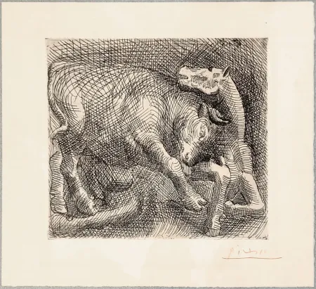 Água-Forte Picasso - TAUREAU ATTAQUANT UN CHEVAL. Eau-forte originale signée en rouge (1921)