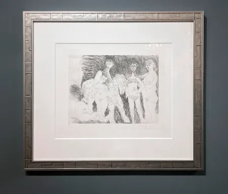 Gravura Picasso - Vieil homme pensant à sa jeunesse: garcon sur un cheval de cirque et femmes, Plate 15 from: La Série 347 (Old man thinking of his youth: boy on a circus horse and women, Plate 15 from: Series 347)