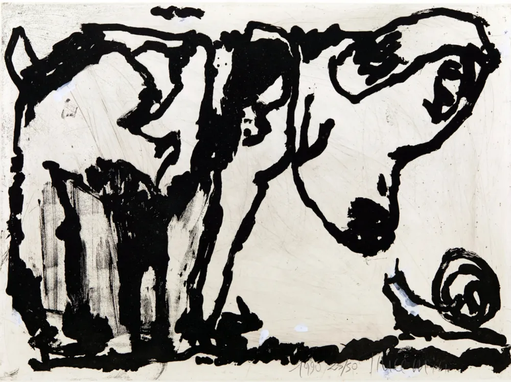 Água-Tinta Pincemin - Le chien et l’escargot. Épreuve rehaussée à la gouache (1990)