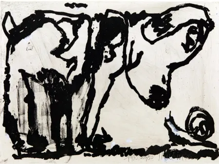 Água-Tinta Pincemin - Le chien et l’escargot. Épreuve rehaussée à la gouache (1990)