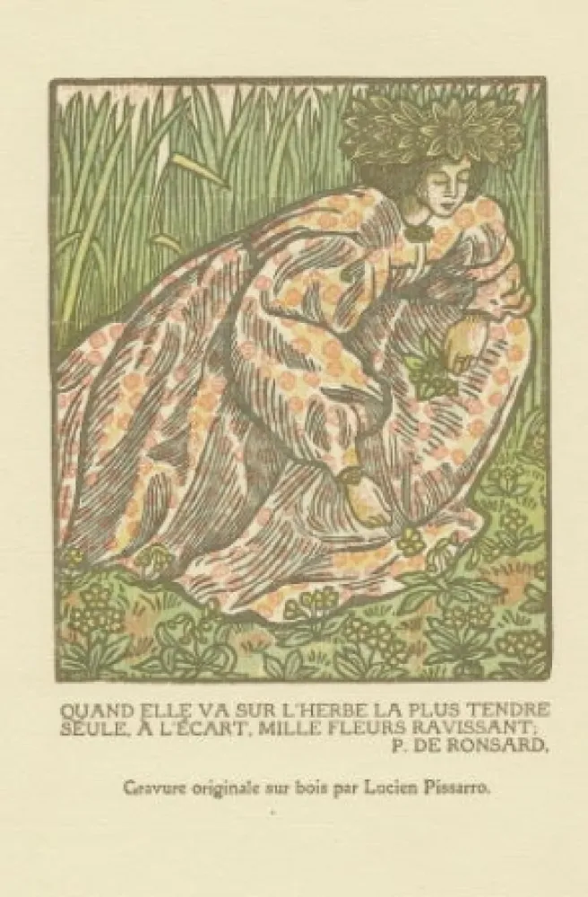 Xilogravura Pissarro - Quand elle va sur l'herbe... / Girl Picking Flowers