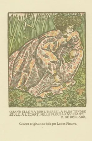 Xilogravura Pissarro - Quand elle va sur l'herbe... / Girl Picking Flowers