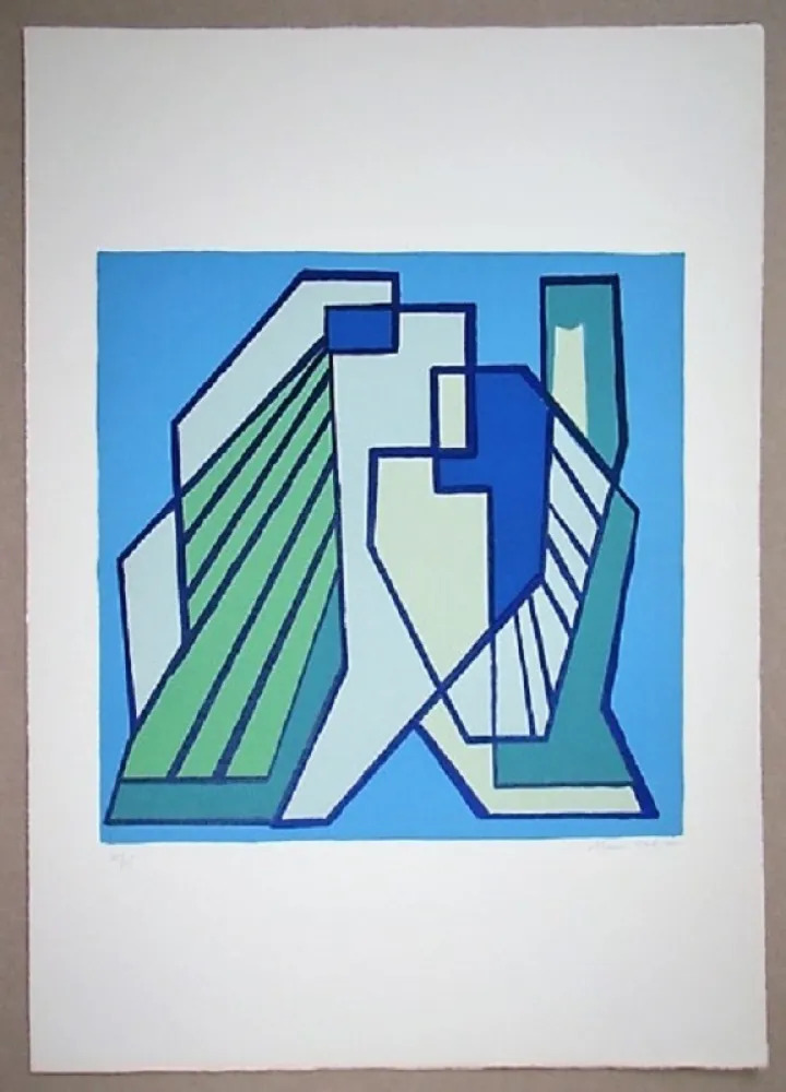 Litografia Radice - Compositione astratta blu verde