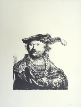 Litografia Rembrandt - Autoportrait au béret et à la plume