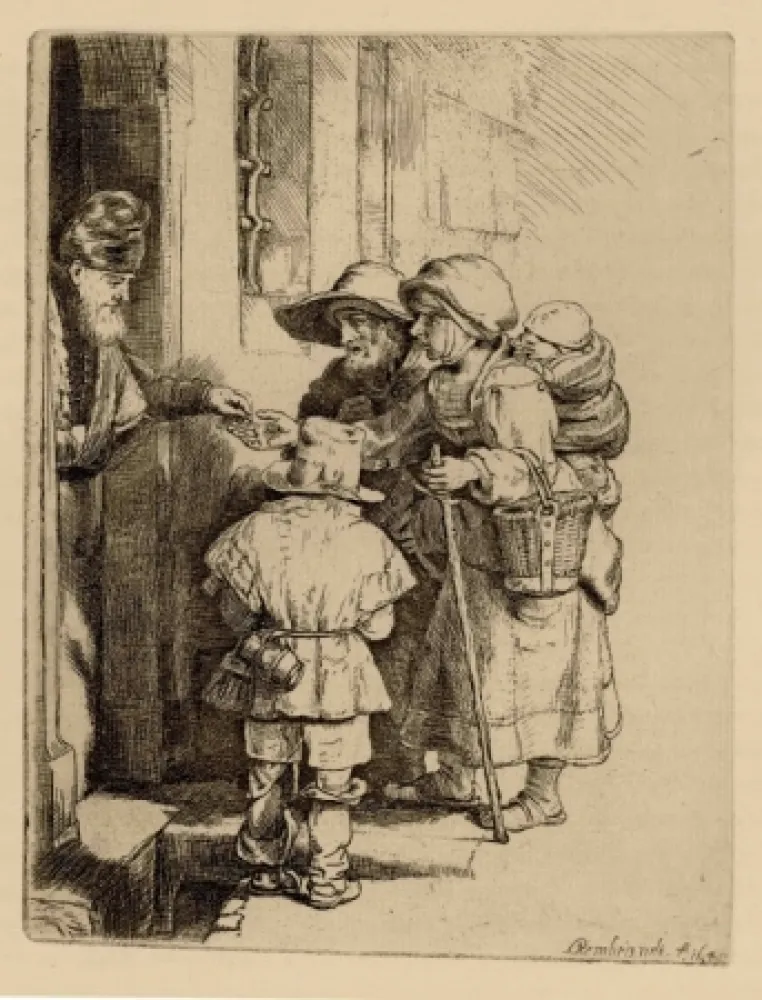 Gravura Rembrandt - Beggars Receiving Alms at the Door of a House