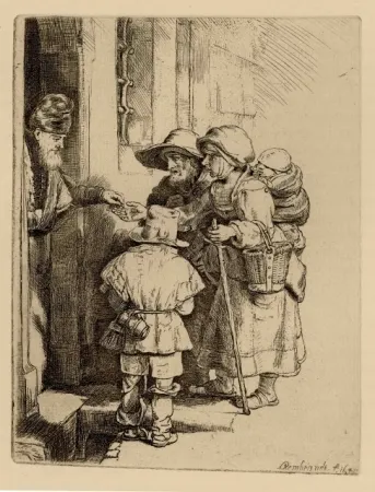 Gravura Rembrandt - Beggars Receiving Alms at the Door of a House