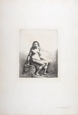 Heliogravura Rembrandt - Femme nue assise sur une butte