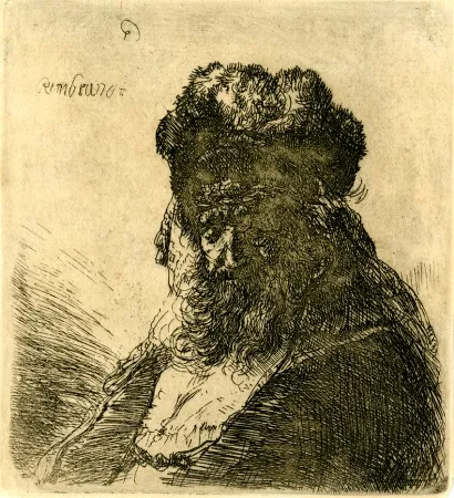 Gravura Rembrandt - 	Old Bearded Man in a High Fur Cap, with Eyes Closed, c. 1635