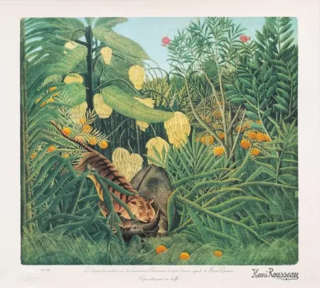 Litografia Rousseau - Tigre atacando a un búfalo