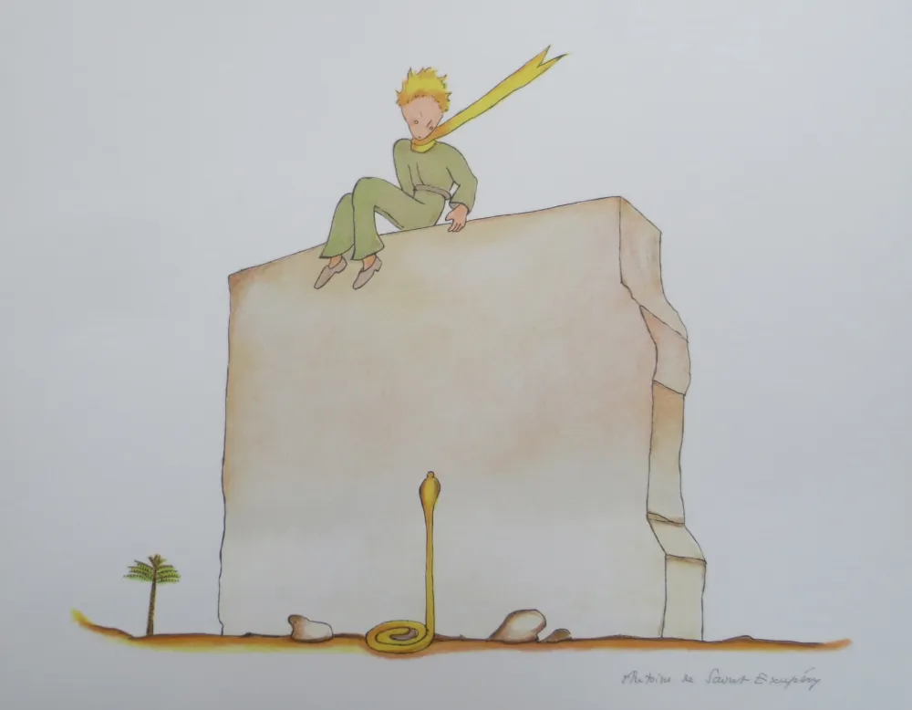 Litografia Saint-Exupéry - Le petit prince et le serpent au pied du mur