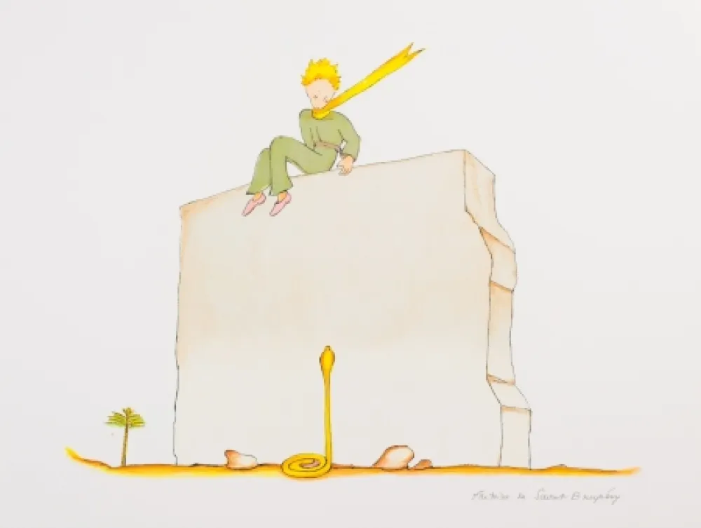 Litografia Saint-Exupéry - Le Petit Prince et le serpent au pied du mur