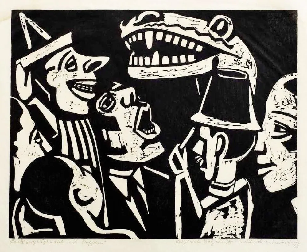 Xilogravura Scheele - Leute vergnügen sich mit Puppen (People having fun with puppets)