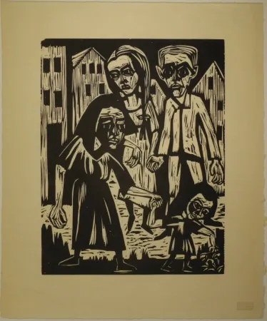 Xilogravura Scherer - Vier Figuren vor Häusern