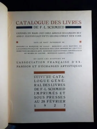 Livro Ilustrado Schmied - Francois-Louis Schmied: Peintre, Graveur et Imprimeur. Catalogue des livres de F.-L. Schmied exposés en mars 1927.suivi du catalogue général des livres de F.-L. Schmied imprimés et sous presses au 28 février 1927