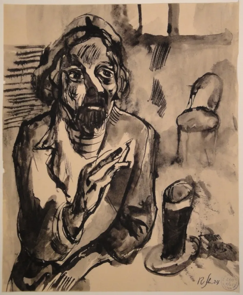 Sem Técnica Schürch - Männliches Porträt (Selbstporträt) mit Glas und Stuhl