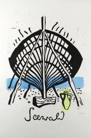 Linogravura Seewald - Bootswerft Korfu