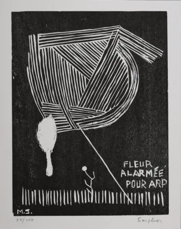 Linogravura Seuphor -  Fleur alarmée pour Arp, 1967 - Hand-signed!