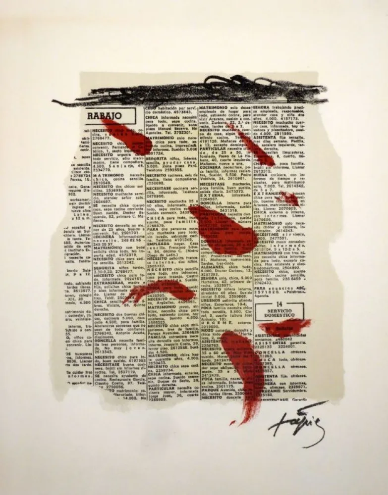 Litografia Tàpies - Rouge sur papier journal