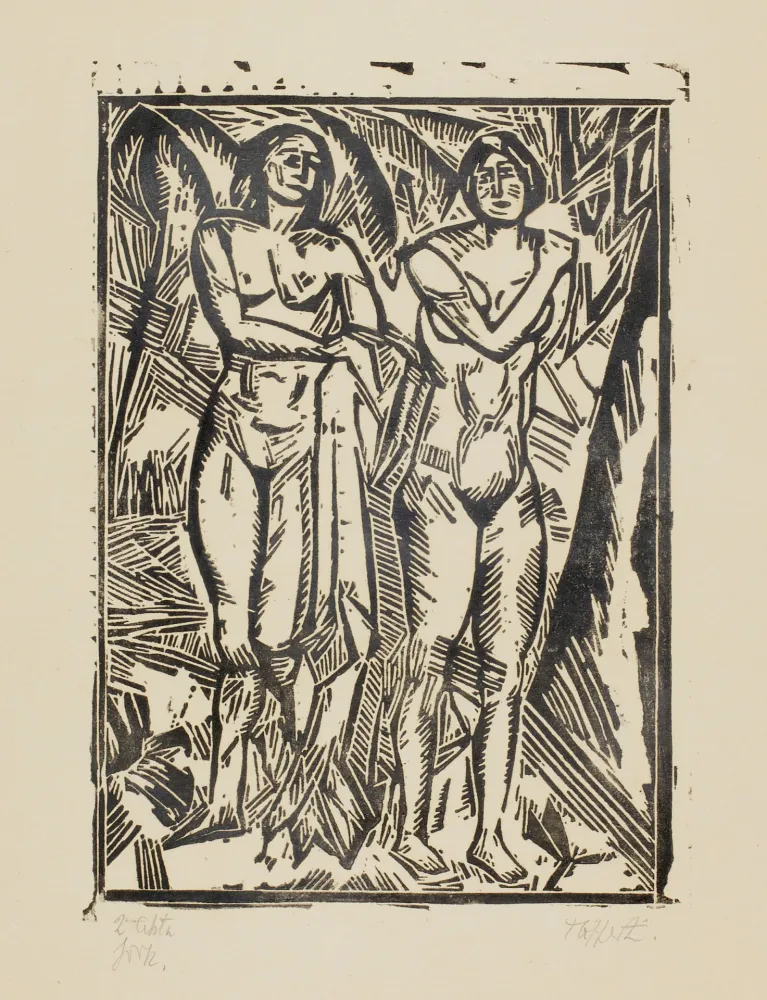 Xilogravura Tappert - Zwei stehende weibliche Akte mit Tuch (Two standing female nudes with cloth)