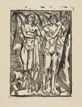 Xilogravura Tappert - Zwei stehende weibliche Akte mit Tuch (Two standing female nudes with cloth)