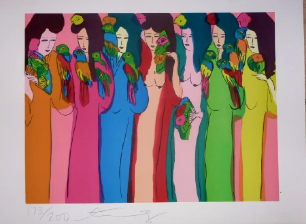 Litografia Ting - Geishas et perroquets