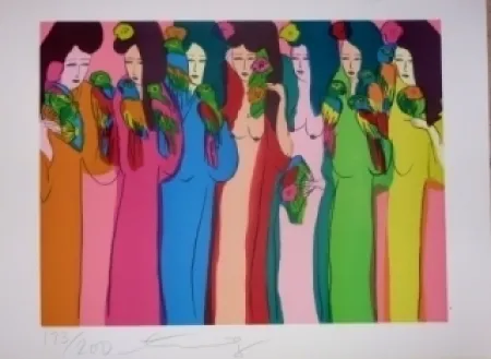 Litografia Ting - Geishas et perroquets