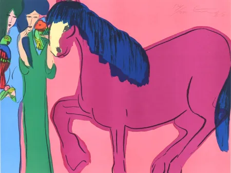 Litografia Ting - Two Geishas with a red Horse