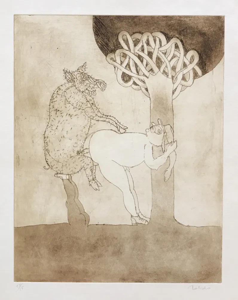 Gravura Toledo - Pig and Man by Tree