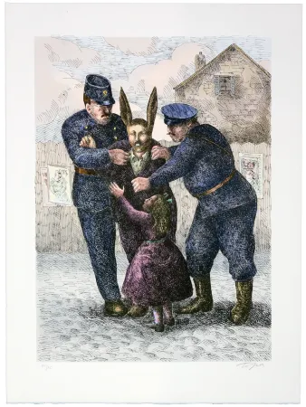 Litografia Topor - Le lapin de Montmartre (Lucien Undreiner) est arrêté. On le soupçonne d'un cambriolage (Asnières) et d'un meutre (Courbevoie)